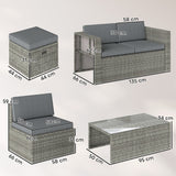 6 Piece Rattan Nesting Patio Set with Loveseat and Footstools, Dark Grey
