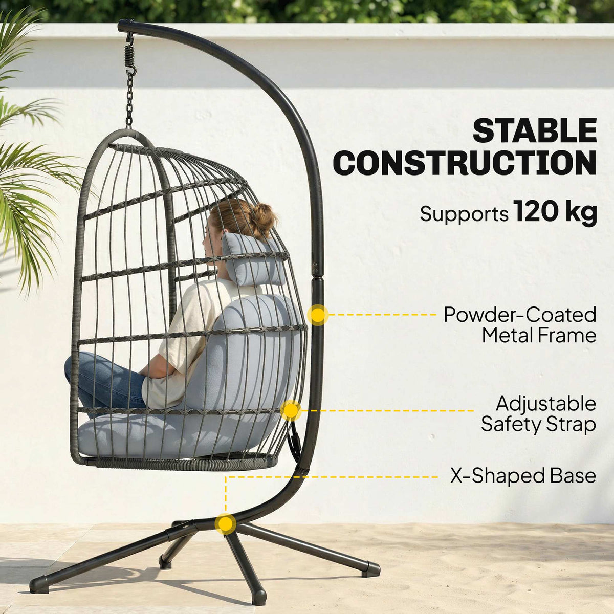 Hanging Egg Chair with Stand, Metal Frame and Adjustable Height, Dark Grey