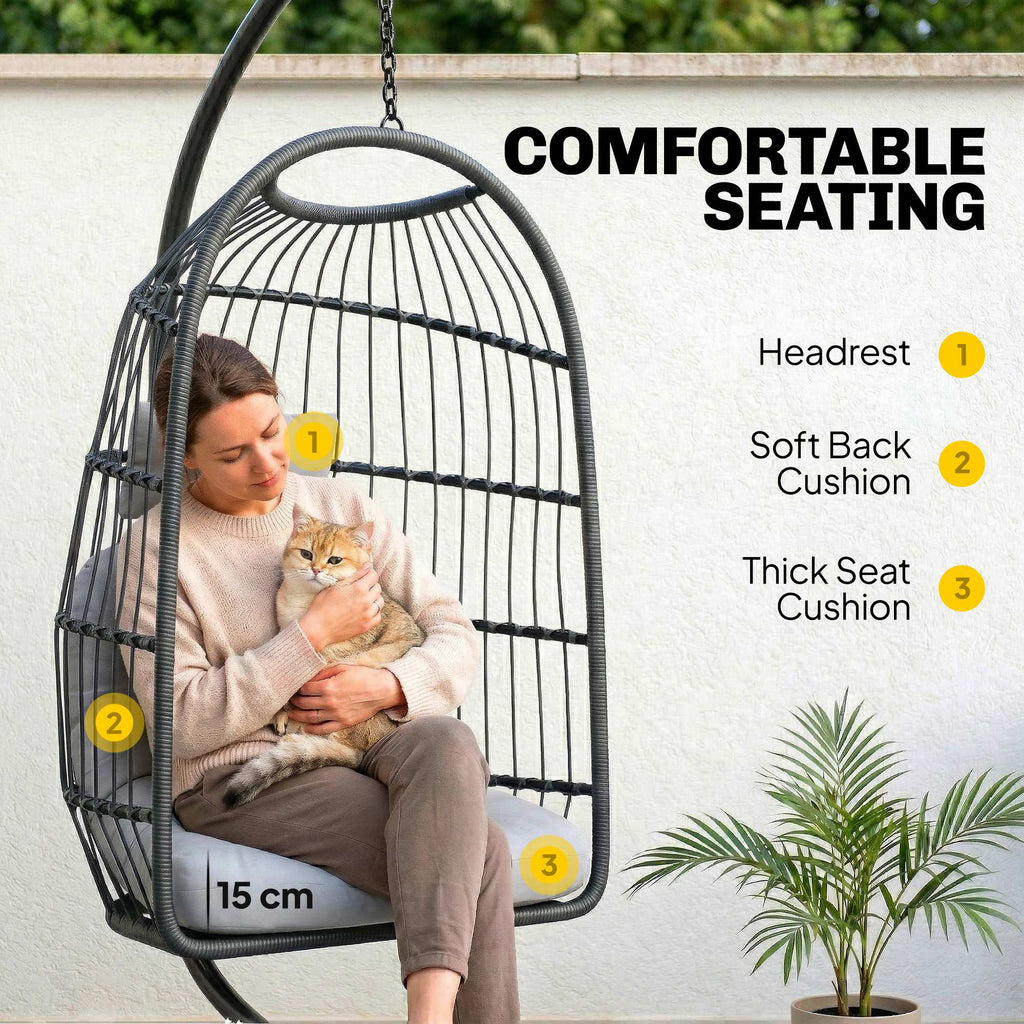 Hanging Egg Chair with Stand, Metal Frame and Adjustable Height, Dark Grey