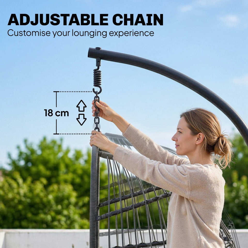 Hanging Egg Chair with Stand, Metal Frame and Adjustable Height, Dark Grey