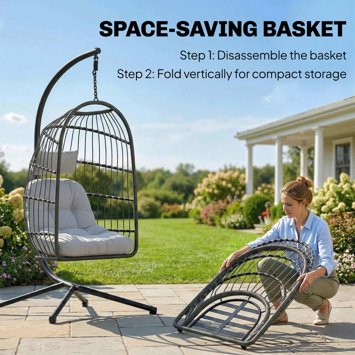 Hanging Egg Chair with Stand, Metal Frame and Adjustable Height, Dark Grey