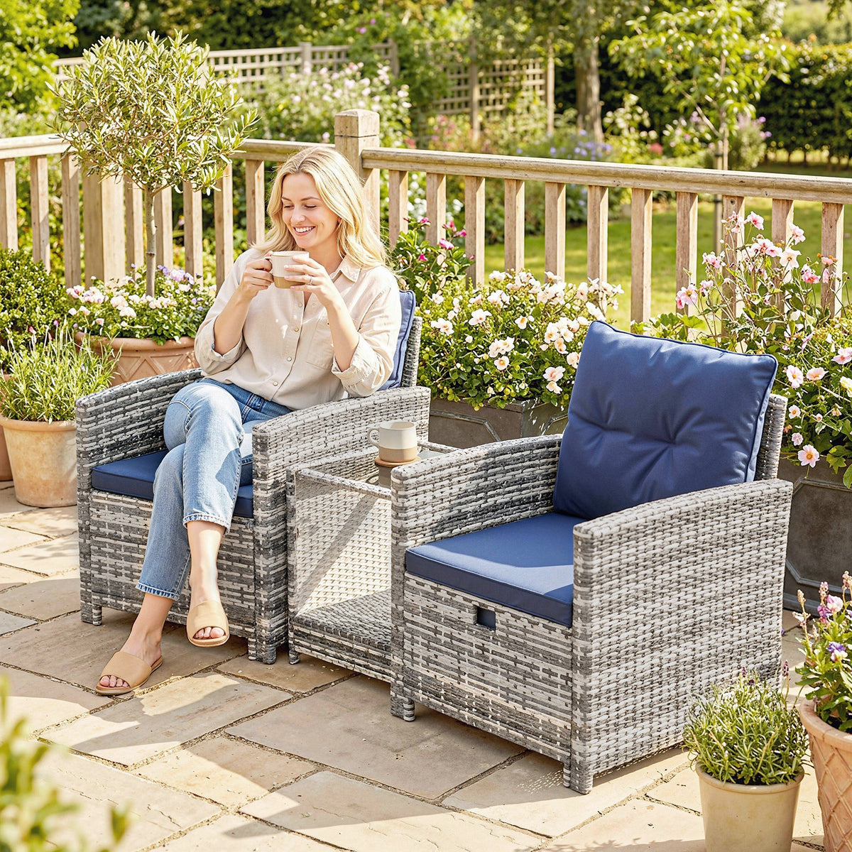 5-Piece Rattan Patio Set with Ottomans & 2-Tier Glass Table, Grey/Dark Blue