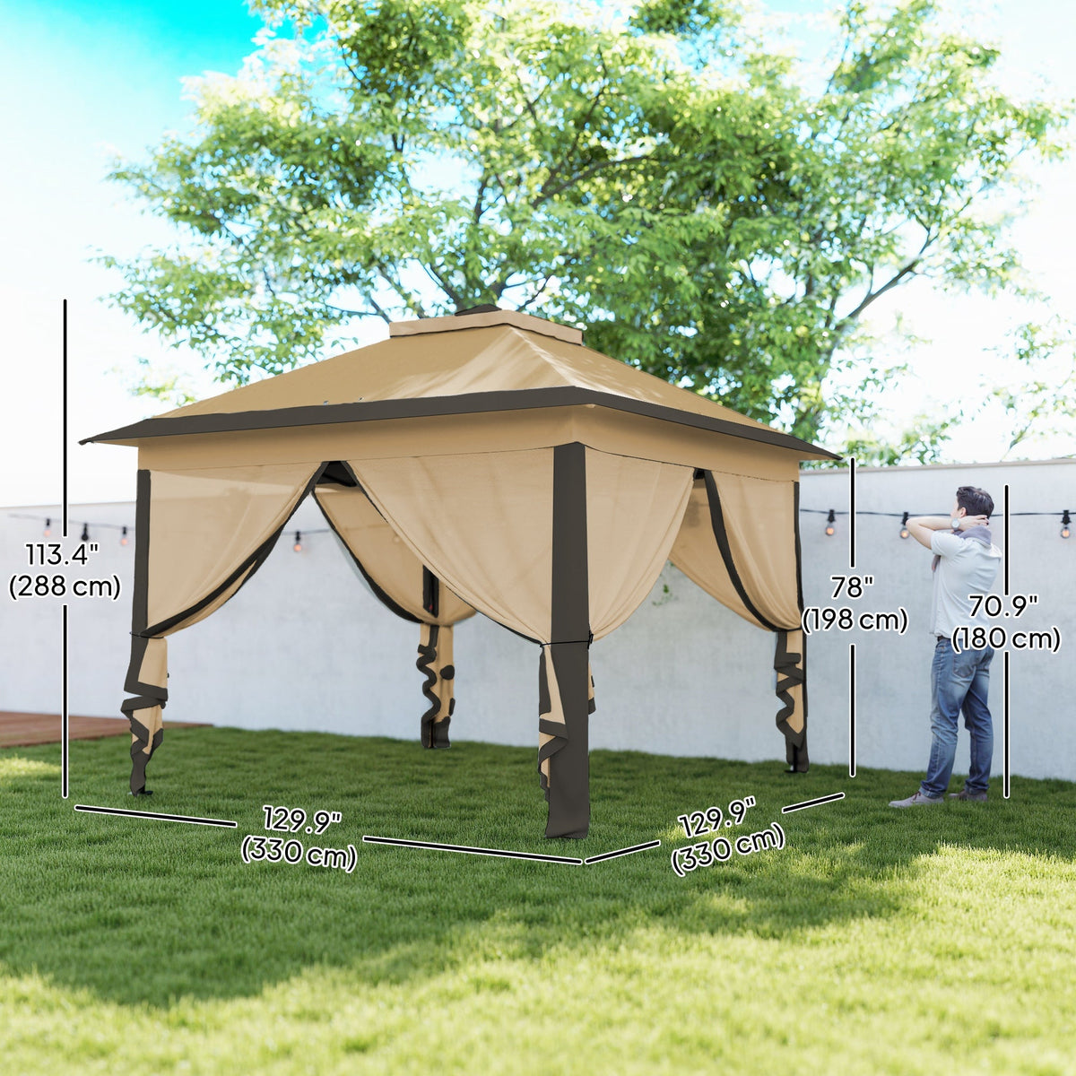 11' x 11' Pop Up Canopy with Double Roof and Mesh Sidewalls, Beige