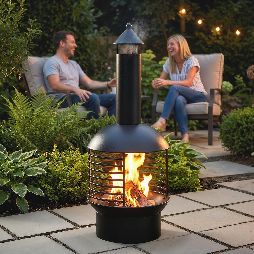 Chimney Fire Pit with Poker and Charcoal Grid, Black