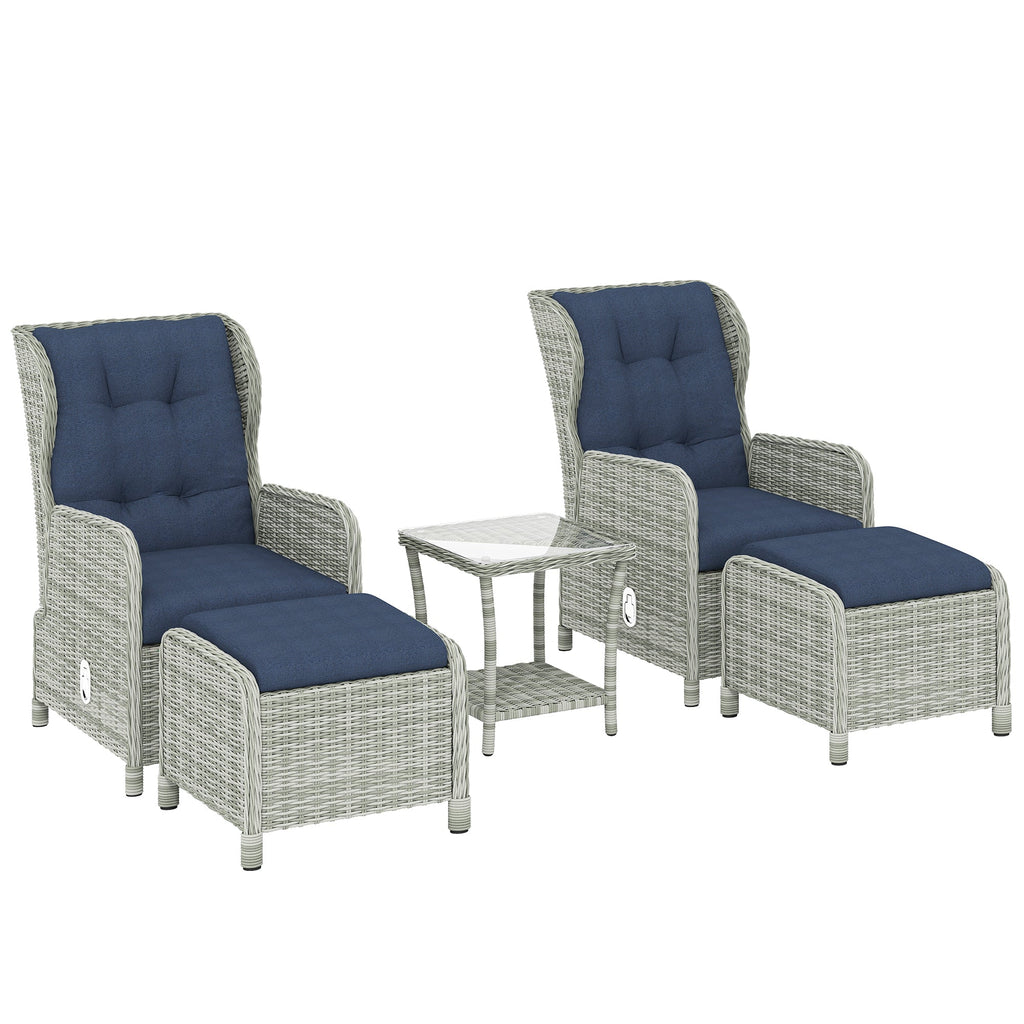 5 Piece Rattan Reclining Chair Set with Footstool and Glass Table, Dark Blue