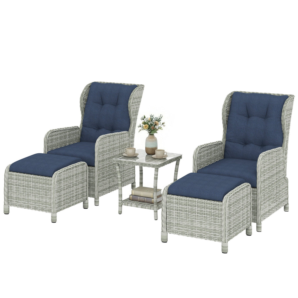 5 Piece Rattan Reclining Chair Set with Footstool and Glass Table, Dark Blue