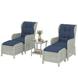 5 Piece Rattan Reclining Chair Set with Footstool and Glass Table, Dark Blue