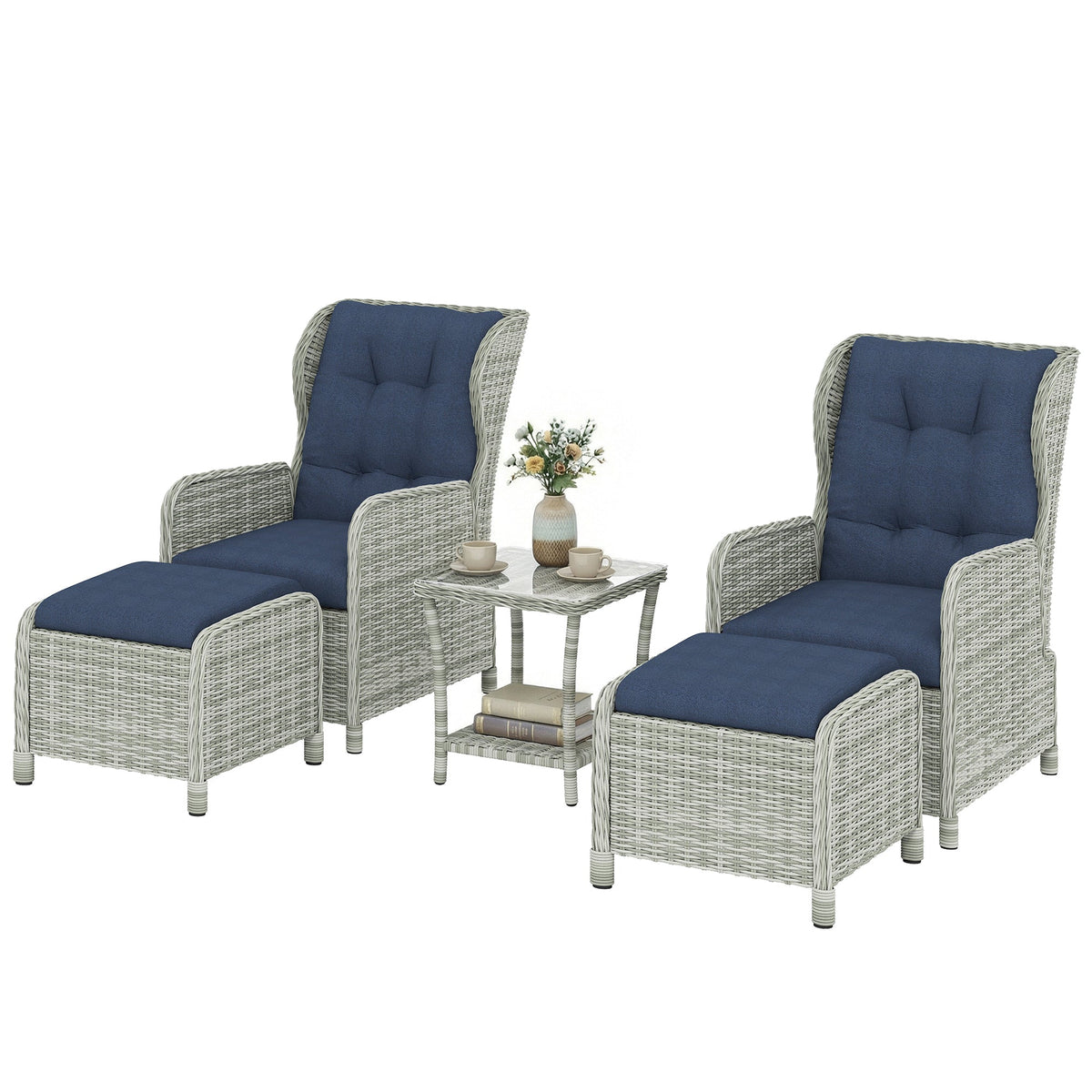5 Piece Rattan Reclining Chair Set with Footstool and Glass Table, Dark Blue