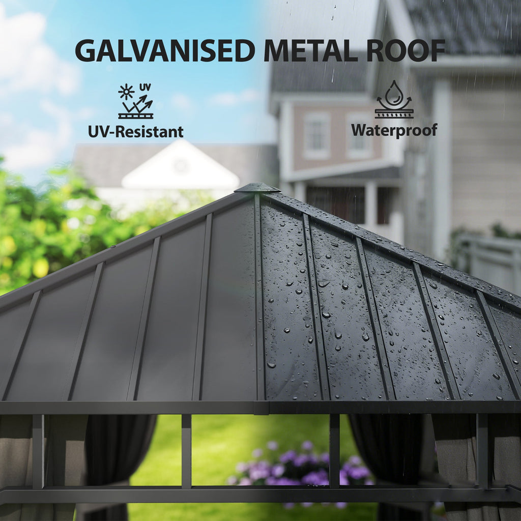 2 x 3.5 m Hardtop Gazebo with Galvanised Roof, Netting & Curtains, Dark Grey