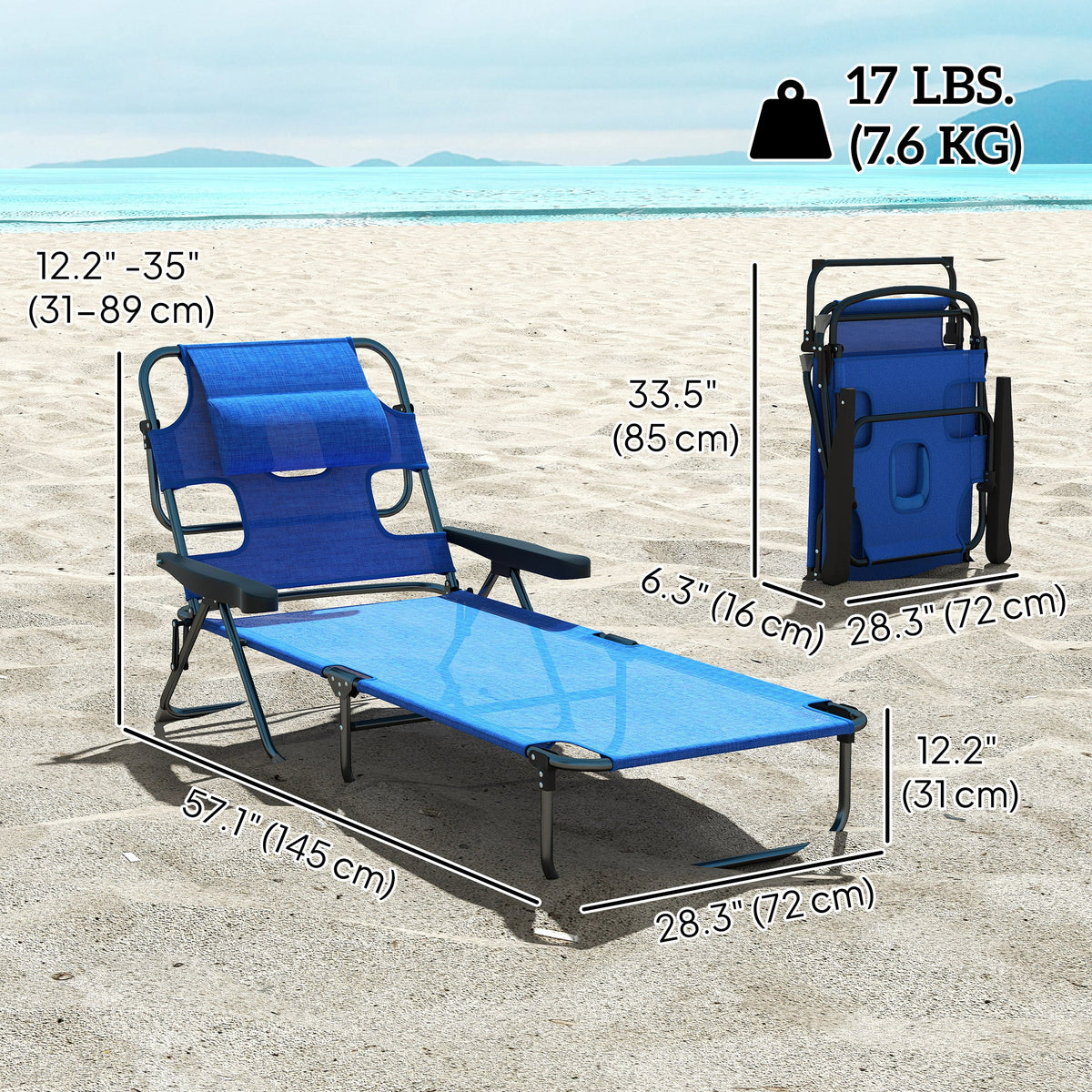 Folding Lounge Chair with Reading Hole and Headrest, Dark Blue