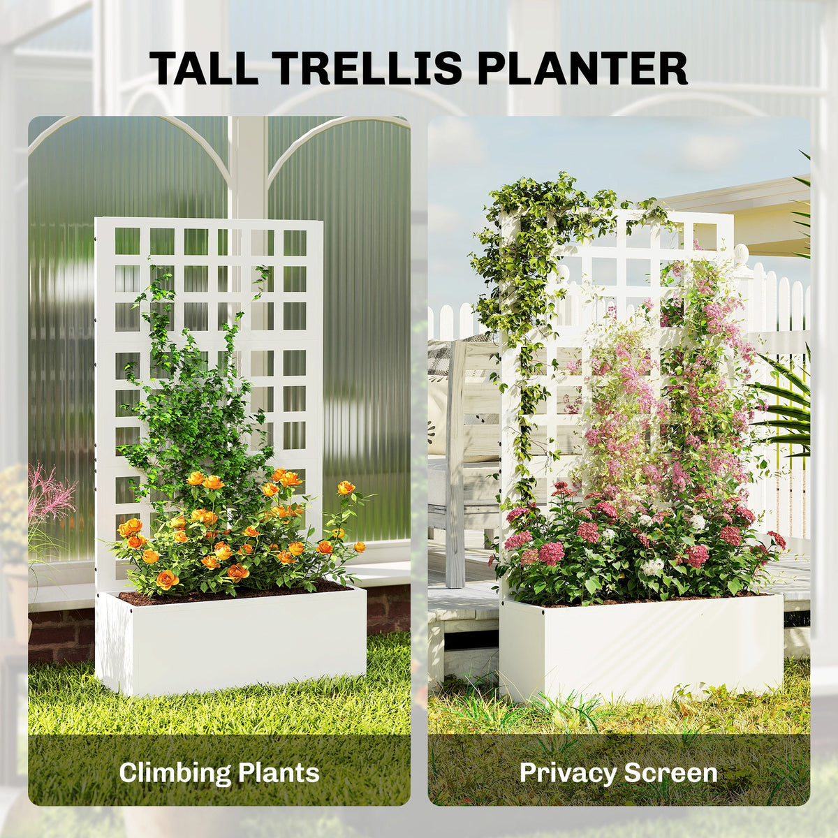 24" x 9" x 44.5" Raised Garden Bed with Trellis and Drainage, White