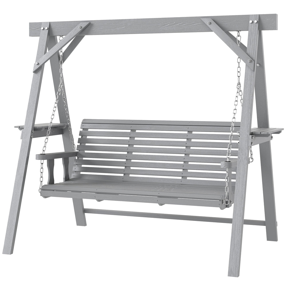 3 Seater Wooden Garden Swing Seat with Side Tables, Dark Grey