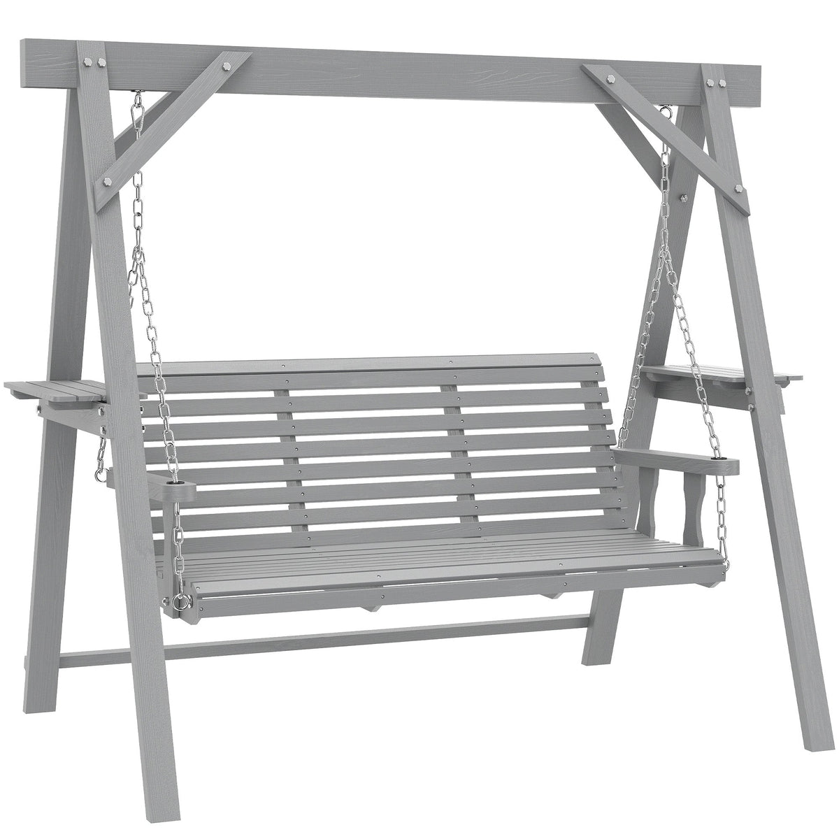 3 Seater Wooden Garden Swing Seat with Side Tables, Dark Grey