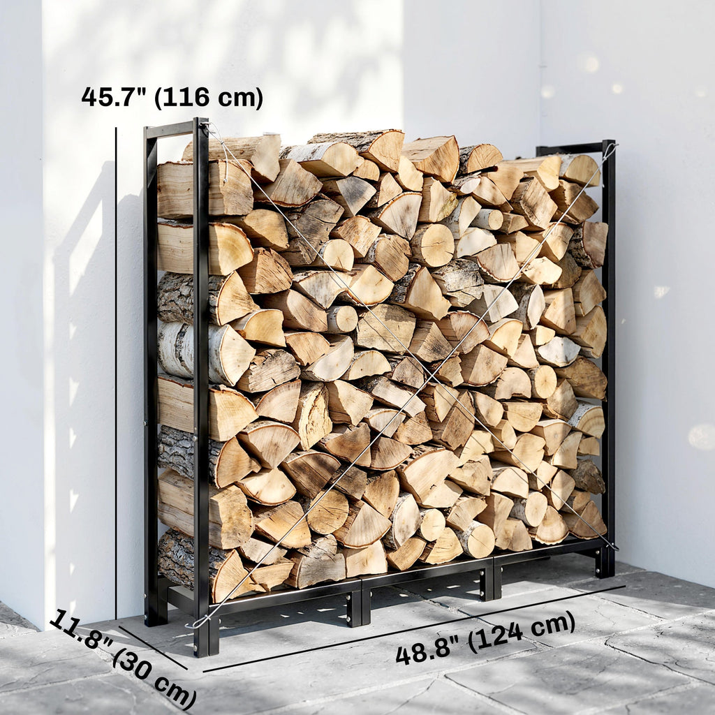 4 ft Firewood Rack with Customizable Width & Height, Cable Reinforcement, 616 lb Capacity, Black