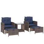 5-Piece Patio Set with Ottomans and 2-Tier Glass Table, Brown and Dark Blue