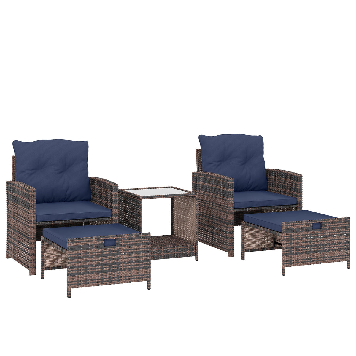 5-Piece Patio Set with Ottomans and 2-Tier Glass Table, Brown and Dark Blue