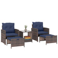 5-Piece Patio Set with Ottomans and 2-Tier Glass Table, Brown and Dark Blue