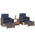 5-Piece Patio Set with Ottomans and 2-Tier Glass Table, Brown and Dark Blue