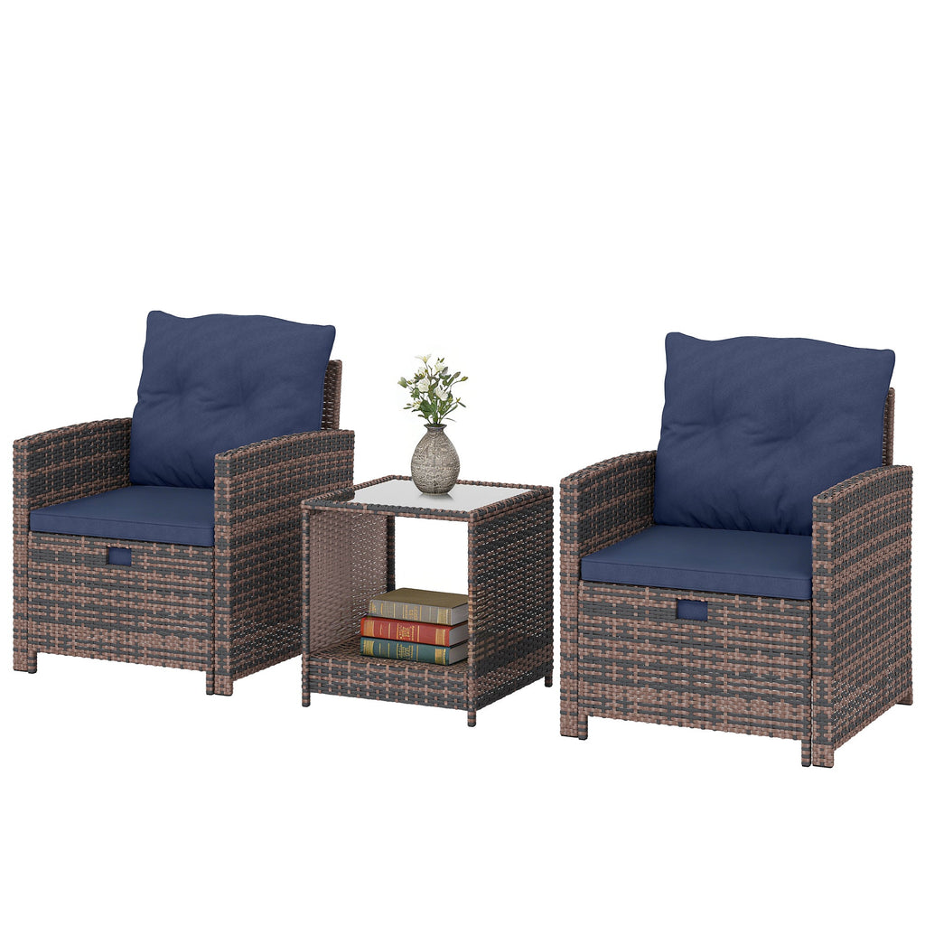 5-Piece Patio Set with Ottomans and 2-Tier Glass Table, Brown and Dark Blue