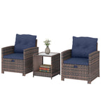 5-Piece Patio Set with Ottomans and 2-Tier Glass Table, Brown and Dark Blue