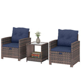 5-Piece Patio Set with Ottomans and 2-Tier Glass Table, Brown and Dark Blue