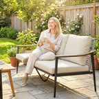 3 Seater Rattan Sofa with Wood-Effect Armrests, Khaki