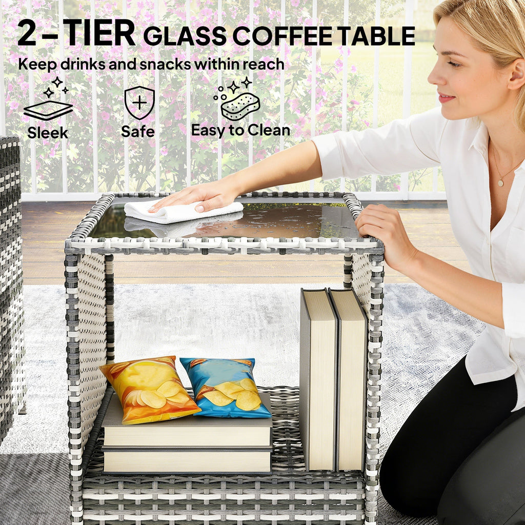 5-Piece Rattan Sofa Set with Ottomans, 2-Tier Glass Table, Grey/Dark Grey