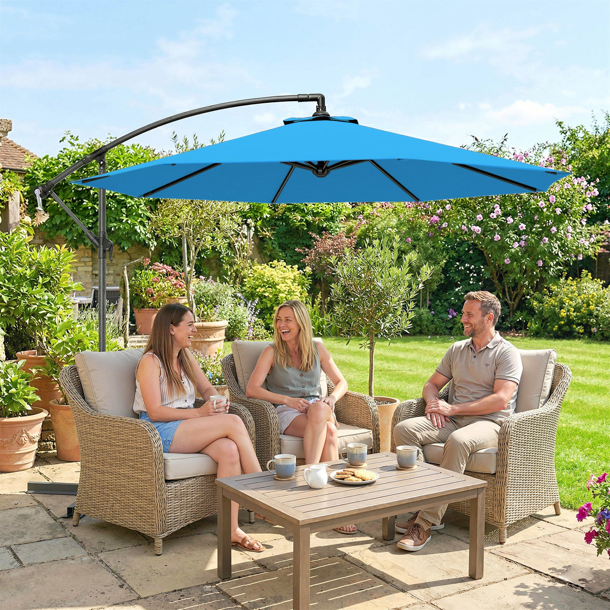 3 m Cantilever Parasol with Cross Base and Crank Handle, Blue