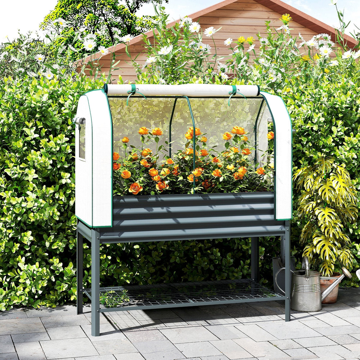 Galvanized Raised Garden Bed with Greenhouse Cover, Dark Gray
