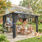 3 x 4 m Hardtop Gazebo with Polycarbonate Roof and Curtains, Dark Grey