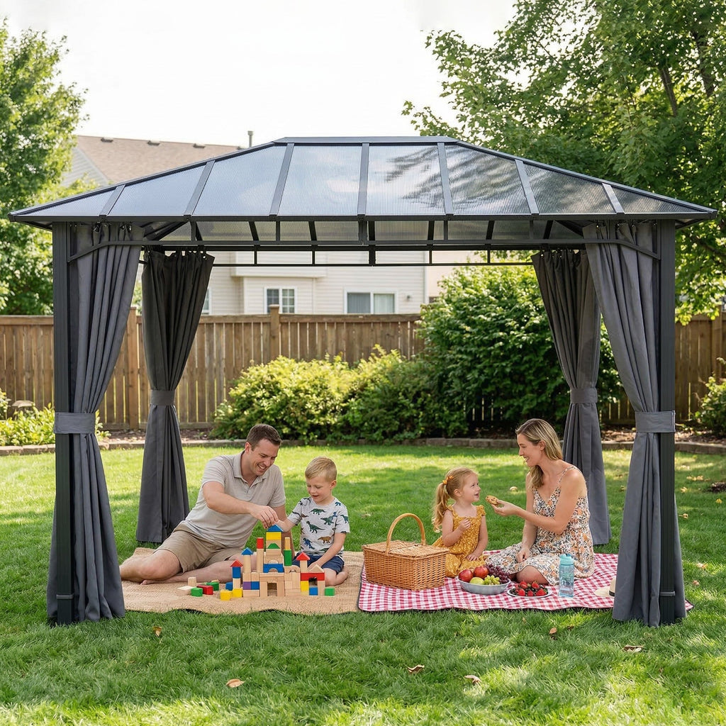 3 x 4 m Hardtop Gazebo with Polycarbonate Roof and Curtains, Dark Grey