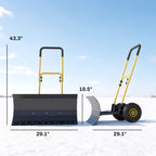 Heavy Duty Metal Snow Pusher with Wheels, 5-level Handle, 29in x 16.5in, Yellow
