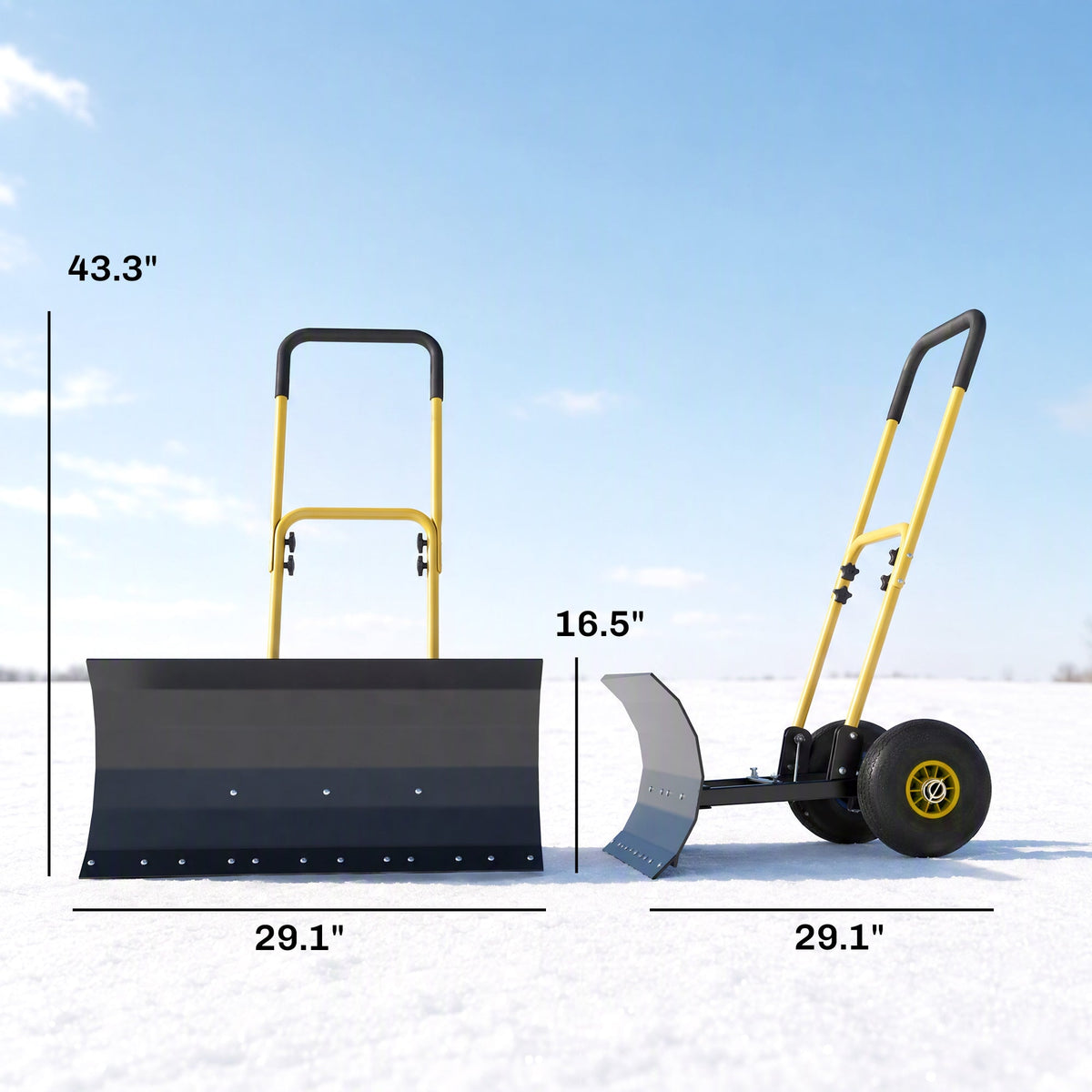 Heavy Duty Metal Snow Pusher with Wheels, 5-level Handle, 29in x 16.5in, Yellow