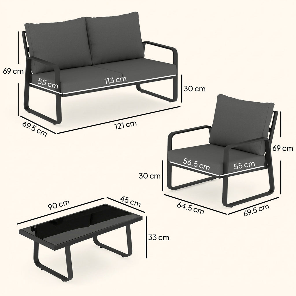 4-Piece Outdoor Sofa Set with Loveseat & 2 Chairs, Coffee Table, Black