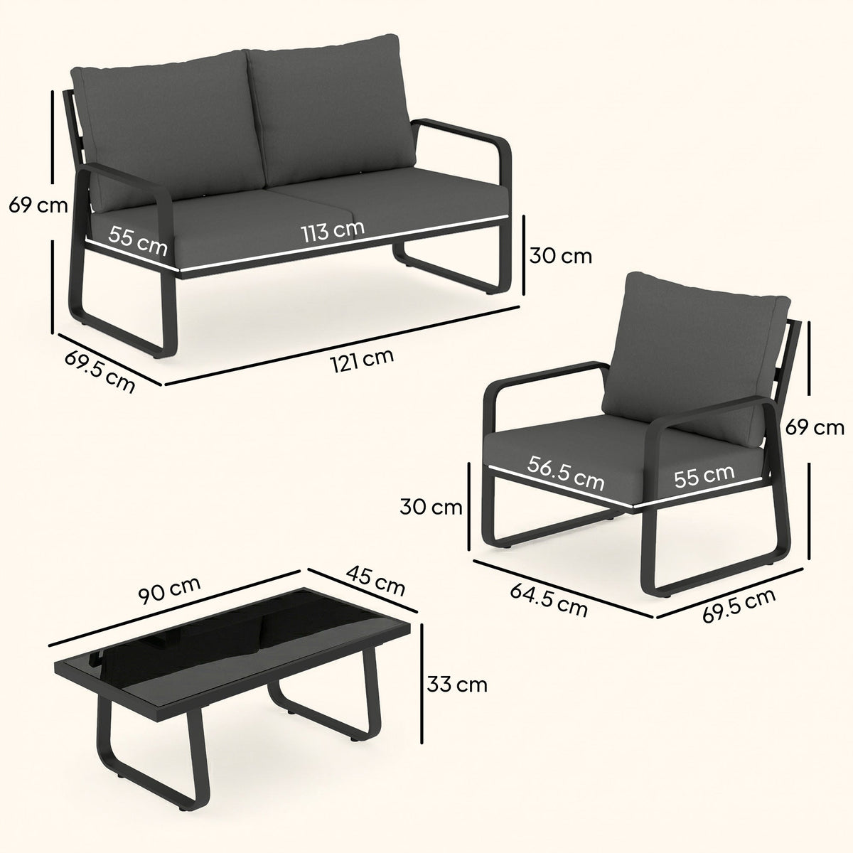 4-Piece Outdoor Sofa Set with Loveseat & 2 Chairs, Coffee Table, Black