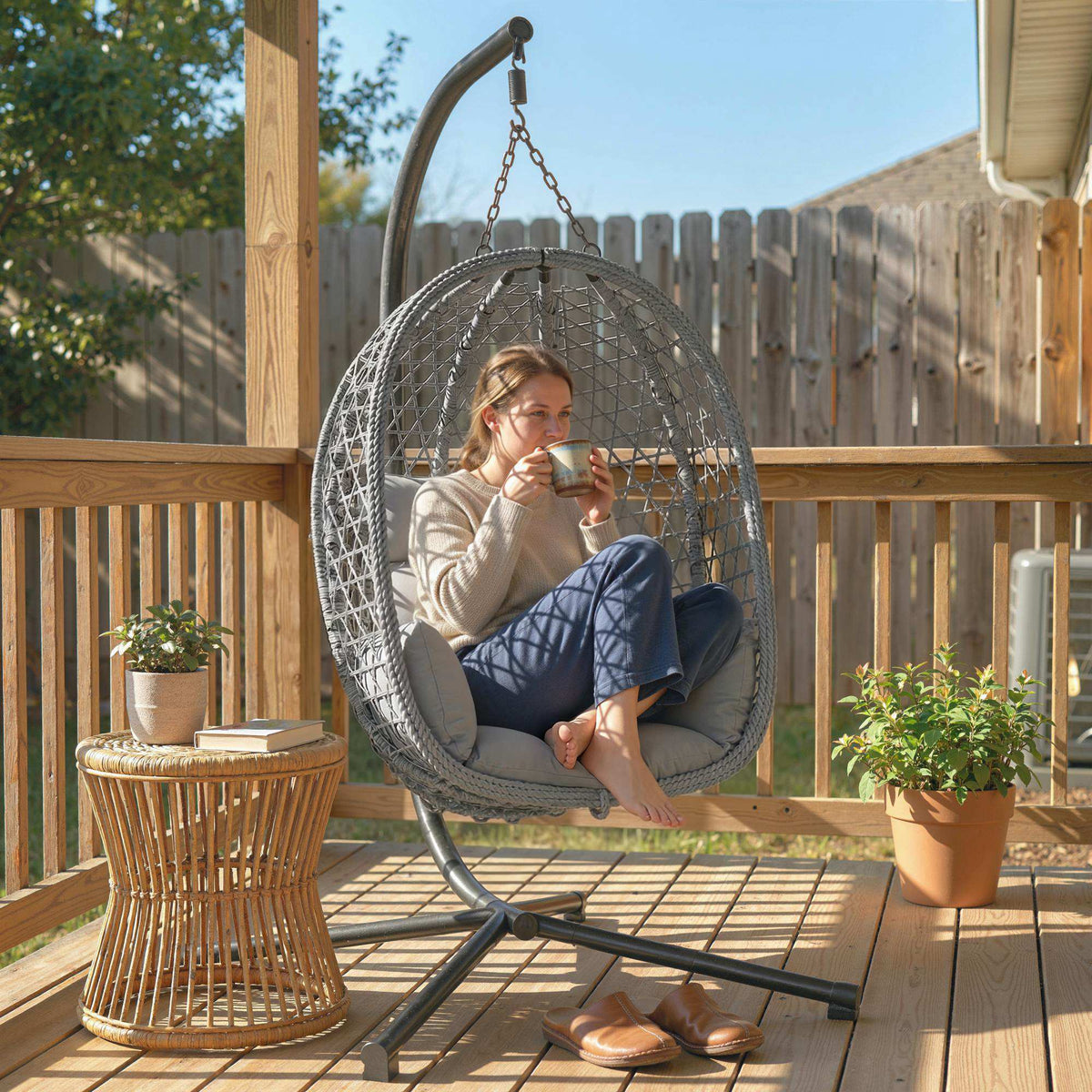 Hanging Egg Chair, Rattan with Stand, Safety Strap & Foldable Basket, Dark Grey