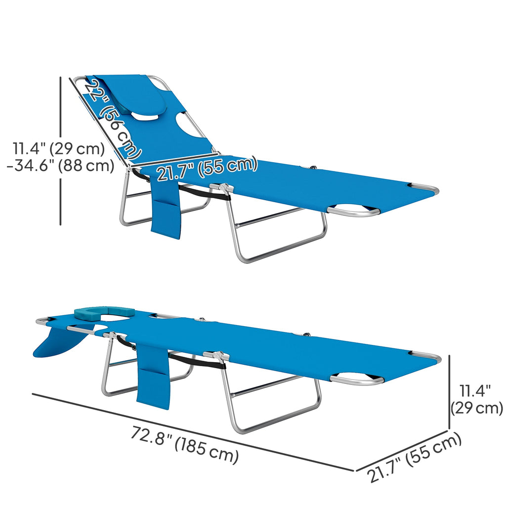 Folding Lounge Chair with Face Hole, Side Pocket and Strap, Blue