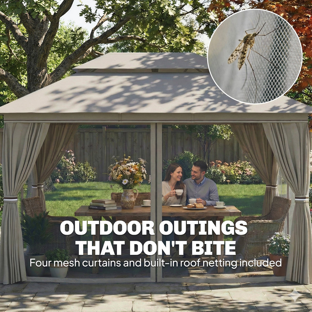 3 x 4 m Garden Gazebo with Double Roof, Netting & Curtains, Beige