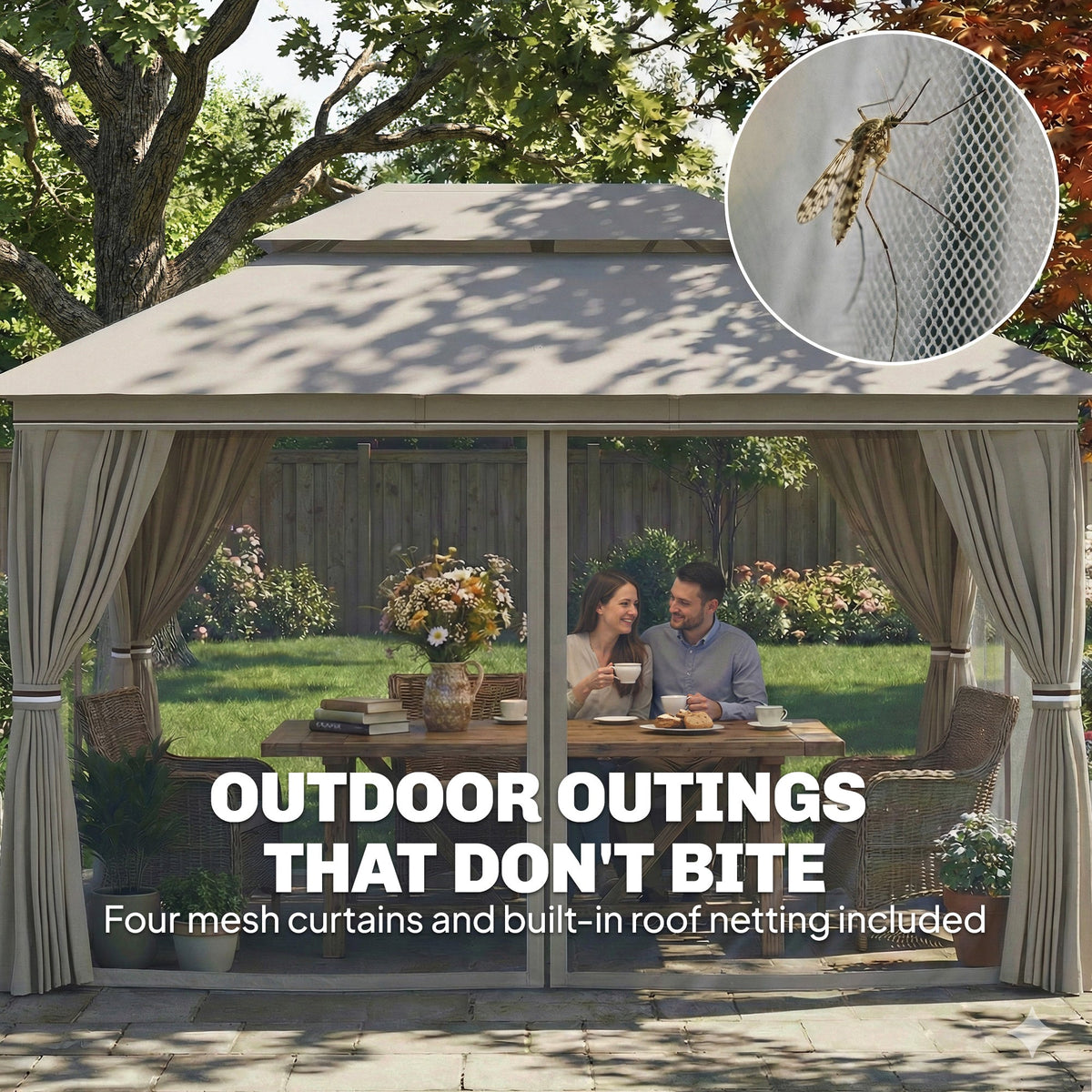 3 x 4 m Garden Gazebo with Double Roof, Netting & Curtains, Beige