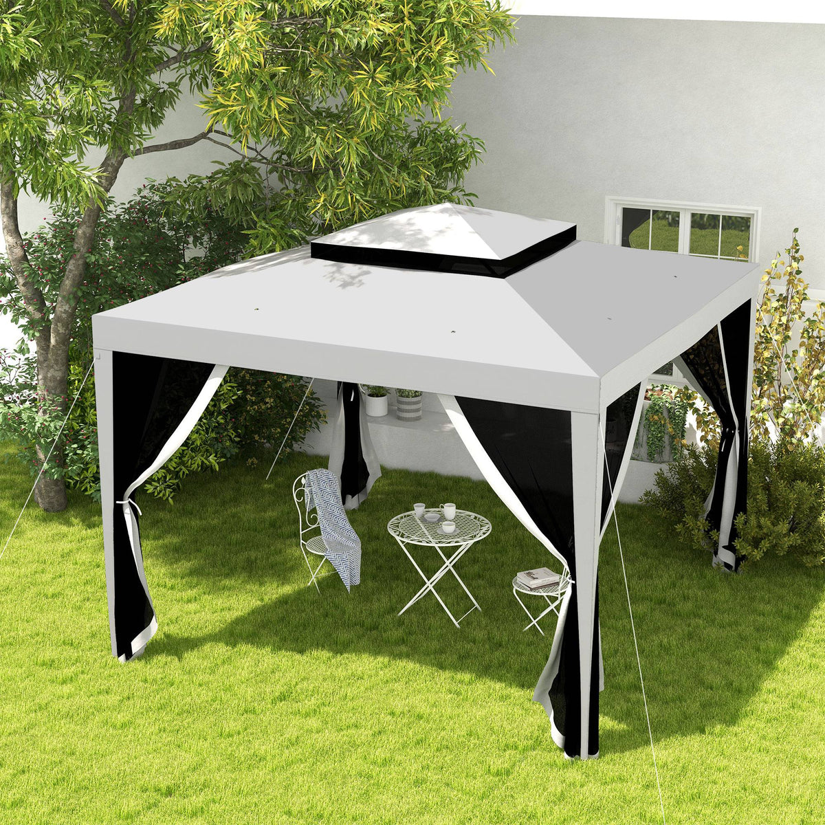 10' x 10' Canopy Tent with Mesh Netting and Double-Tier Roof, Grey
