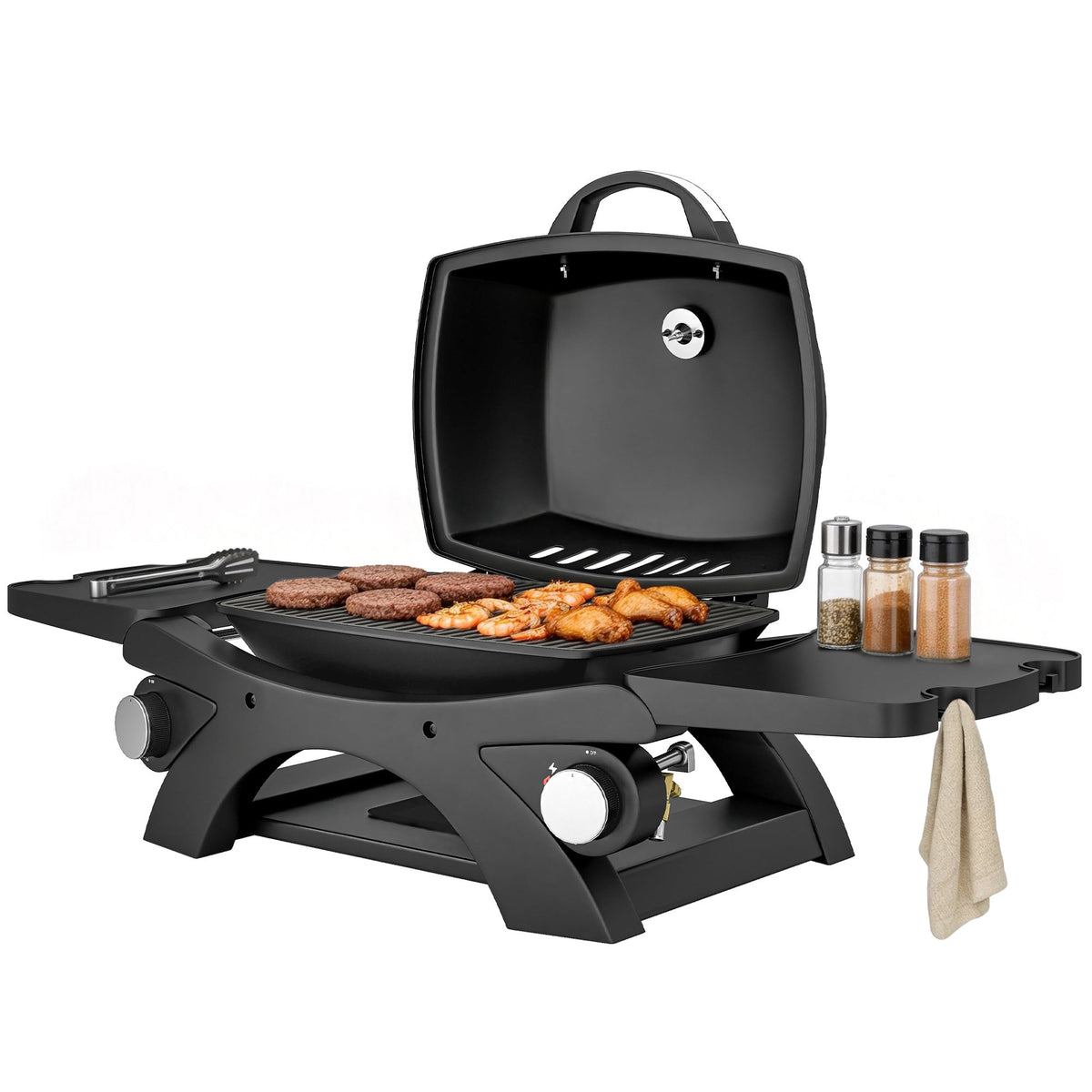 2 Burner Gas Grill with 2 Side Tables and Cast Iron Grates, Black