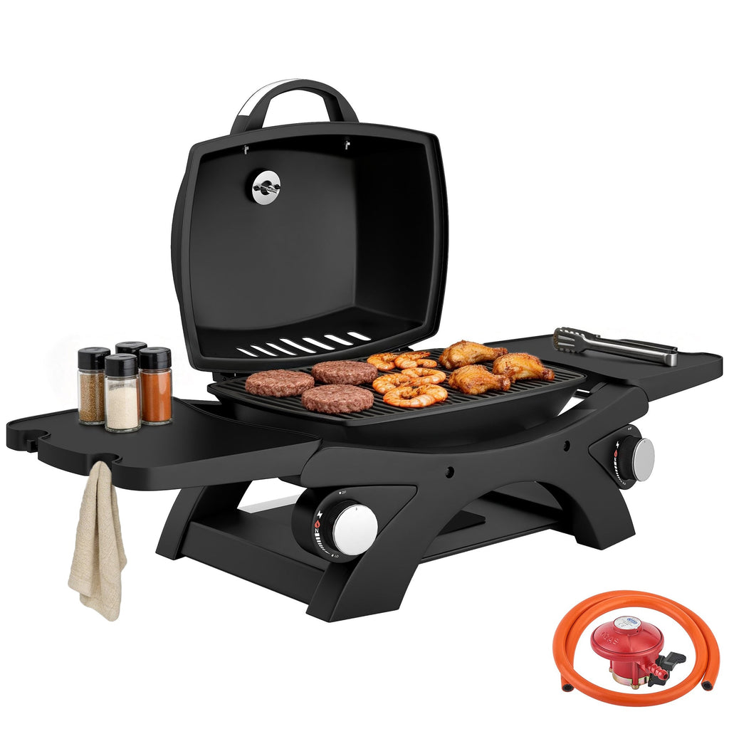 2 Burner Gas Grill with 2 Side Tables and Cast Iron Grates, Black