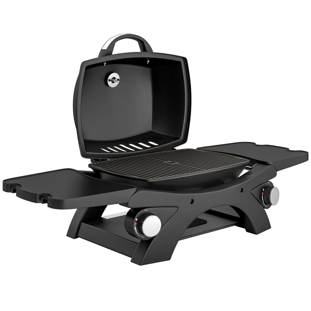 2 Burner Gas Grill with 2 Side Tables and Cast Iron Grates, Black