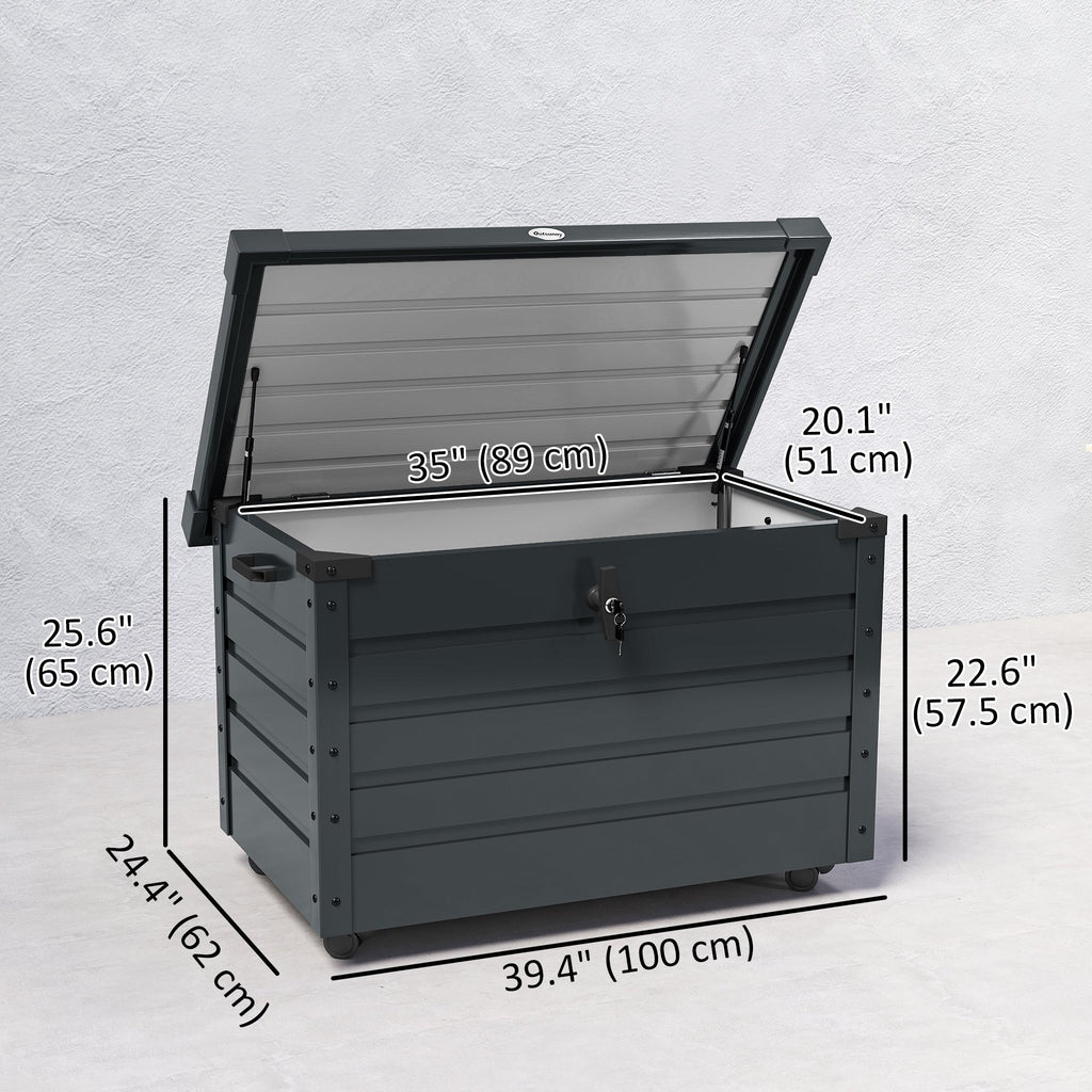 78 Gallon Galvanized Steel Deck Box with Wheels and Handles, Dark Grey