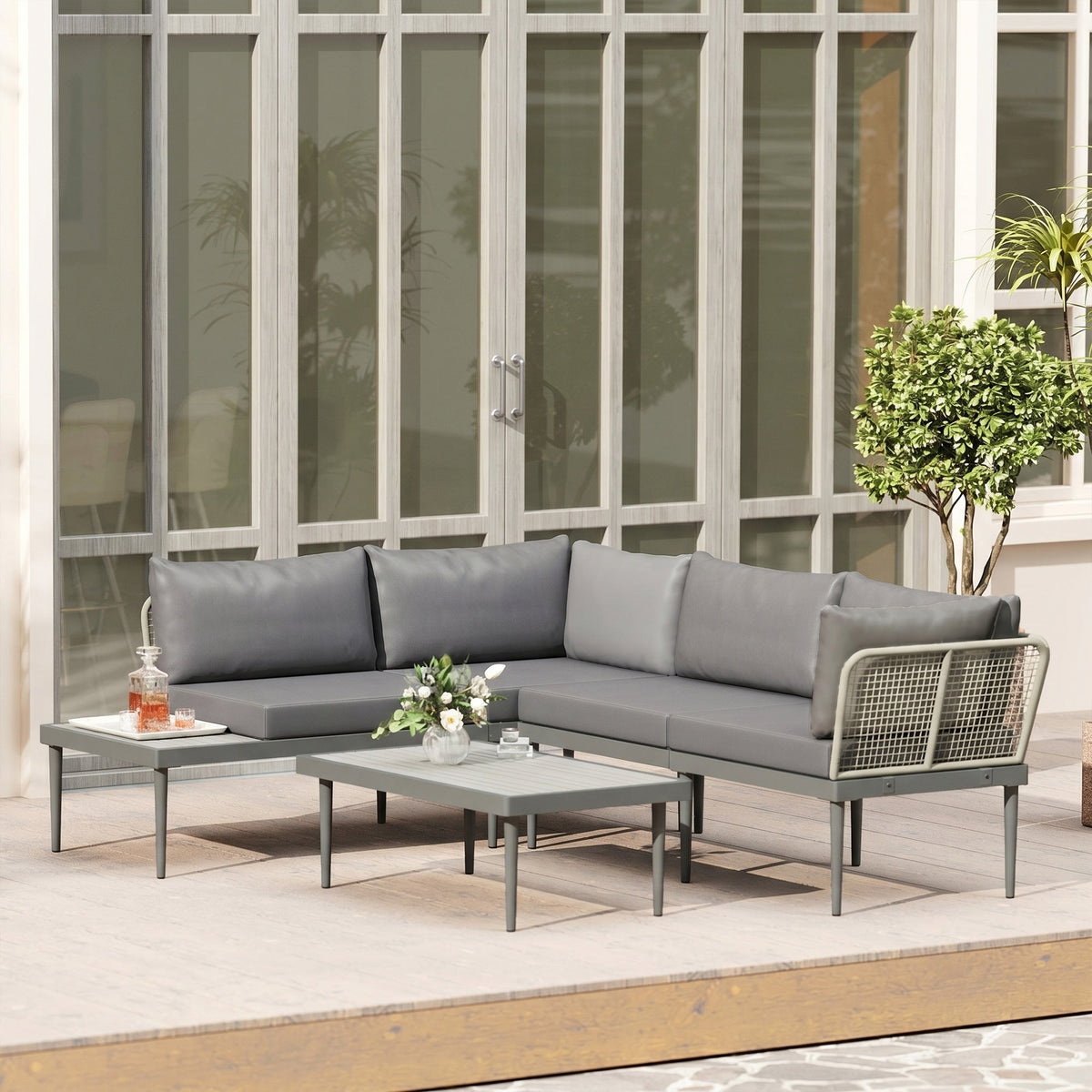 4-Seater L-Shaped Rattan Corner Sofa Set with Acacia Wood Coffee Table, Grey