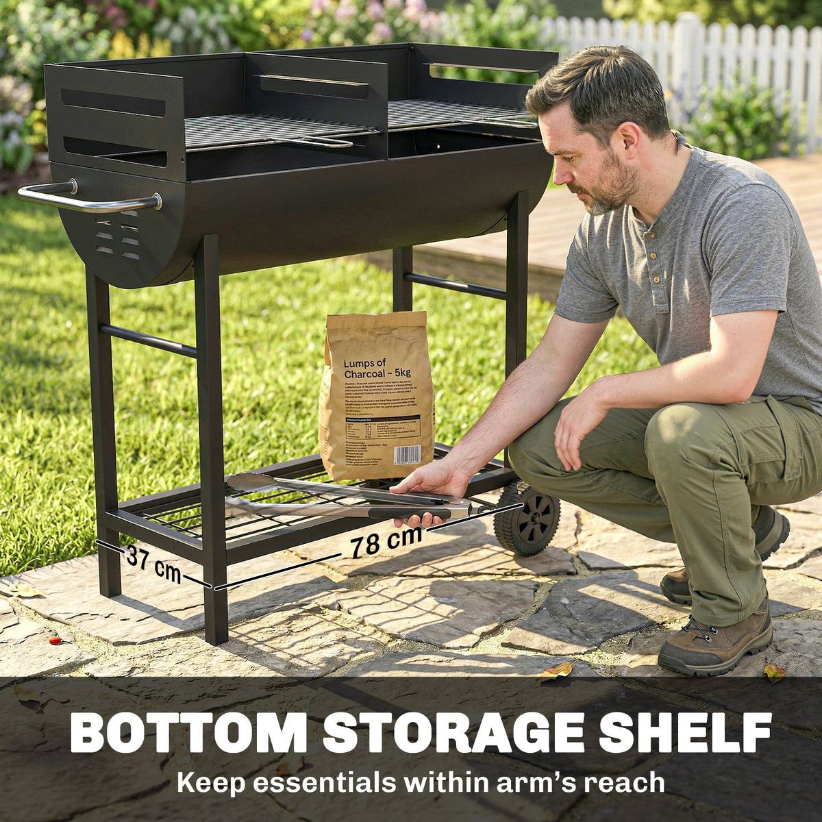 Charcoal BBQ Trolley, Metal 2-Zone Grill on Wheels, Adjustable Grates, Black