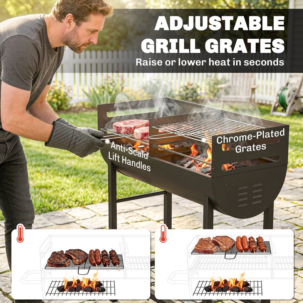 Charcoal BBQ Trolley, Metal 2-Zone Grill on Wheels, Adjustable Grates, Black