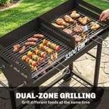Charcoal BBQ Trolley, Metal 2-Zone Grill on Wheels, Adjustable Grates, Black