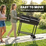 Charcoal BBQ Trolley, Metal 2-Zone Grill on Wheels, Adjustable Grates, Black