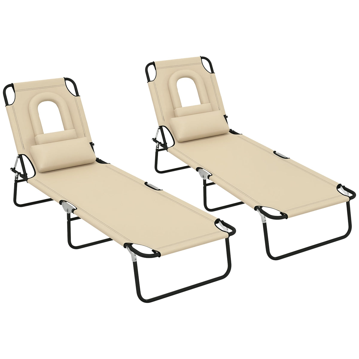 2pcs Adjustable Outdoor Lounge Chairs with Face Hole, Beige